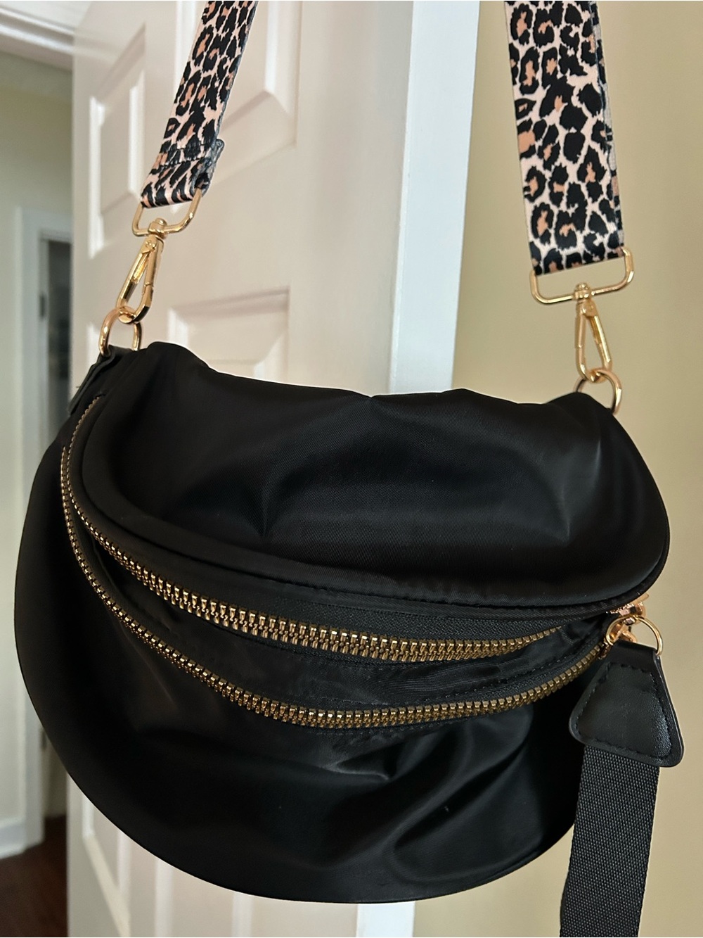 Black Crossbody BumBag with Leopard Strap - Gold Hardware